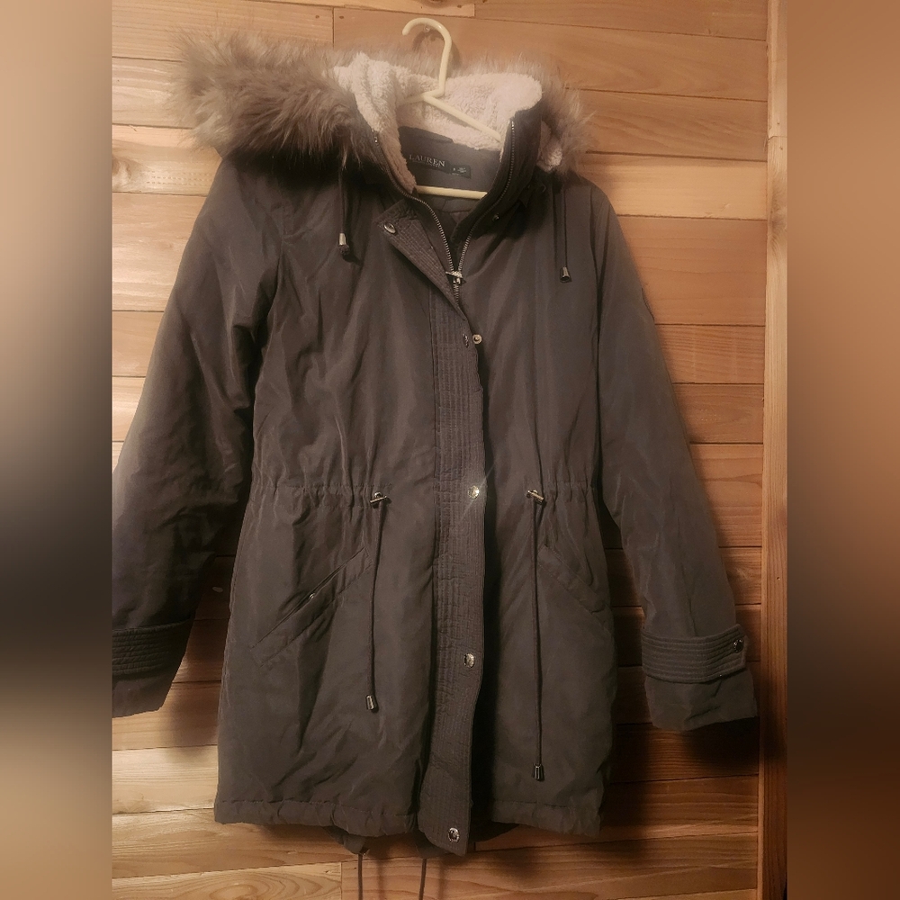 Lauren Ralph Lauren Olive Green Utility Jacket with Faux Fur Hood Size Small